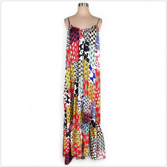 TOV Los Angeles Rideau A-Line Flowy Maxi Patchwork Multi Print Dress NWT NEW 38 - Picture 4 of 8